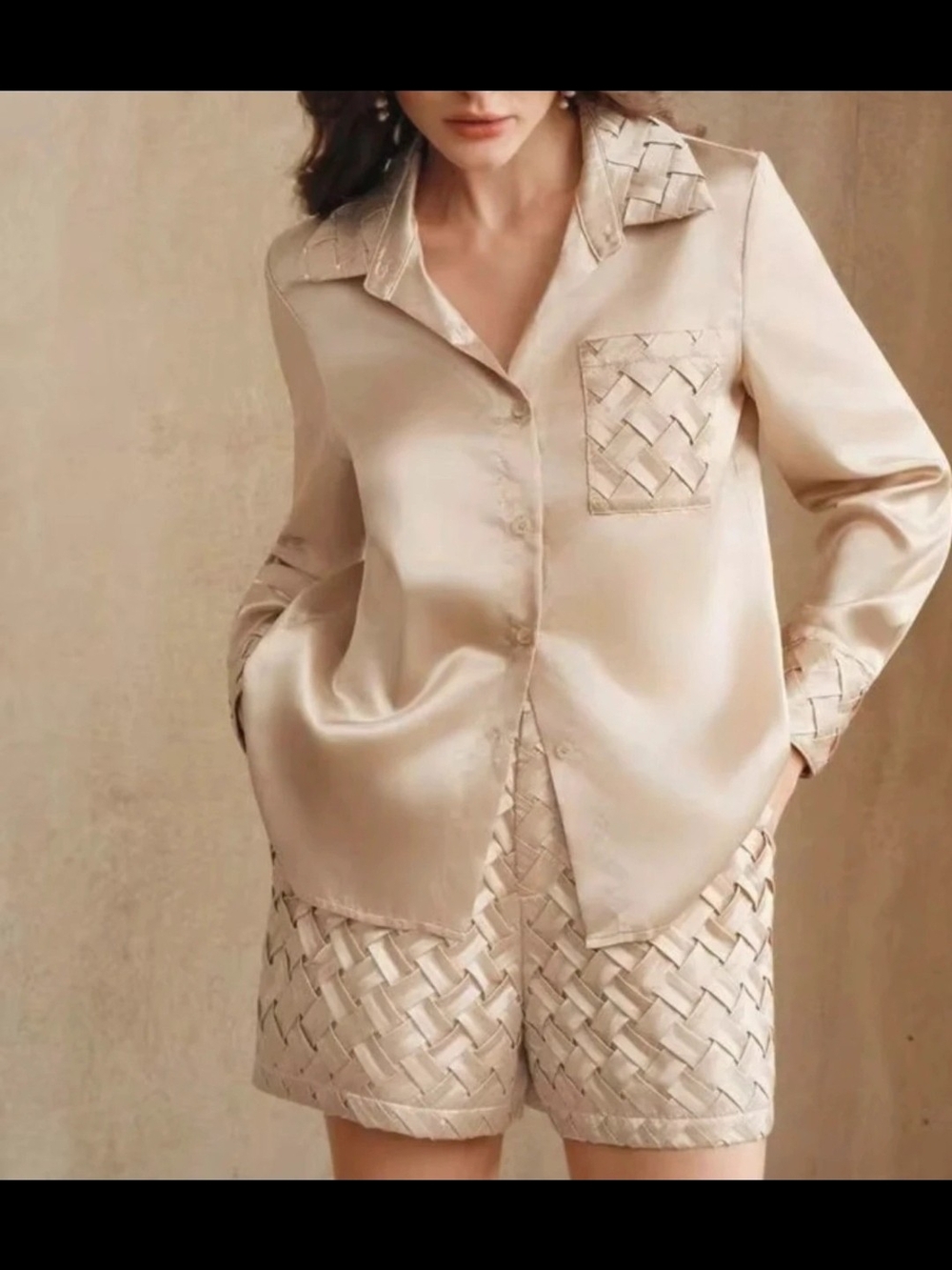 Silky Woven-Trim Short Set in Champagne